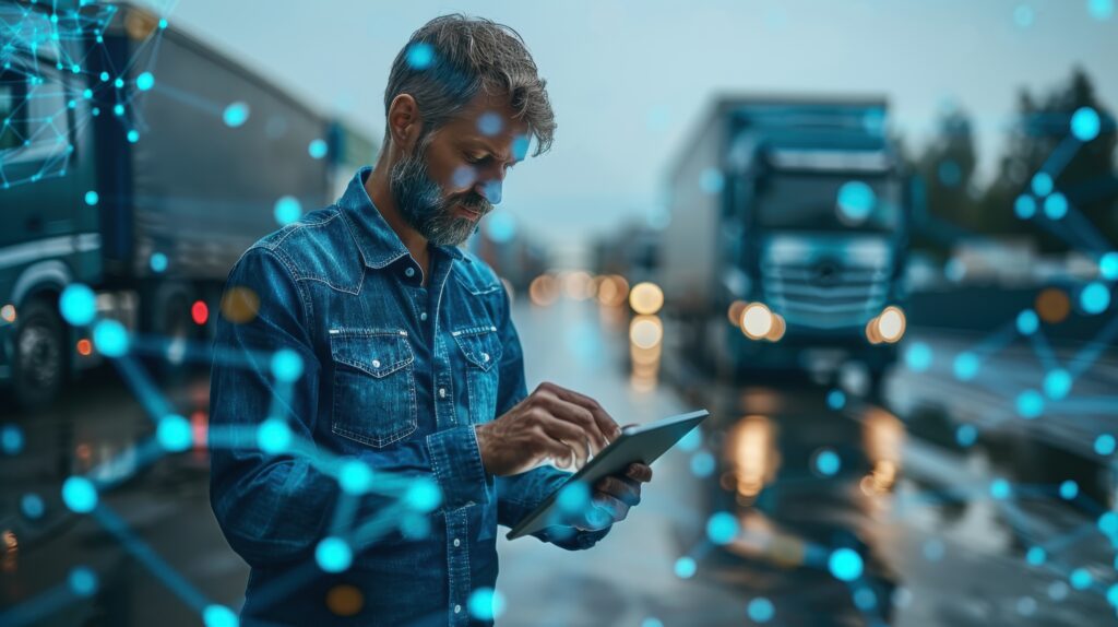 A warehouse worker checks inventory using a digital tablet in the logistics center. the manager in the logistics center working on the shipment in the warehouse software para logística e distribuição